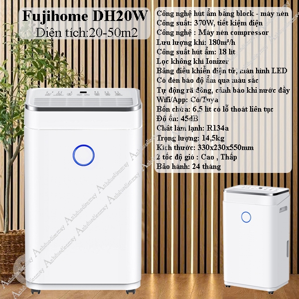 Máy hút ẩm 20L cho phòng đến 50m2 Fujihome DH20W
