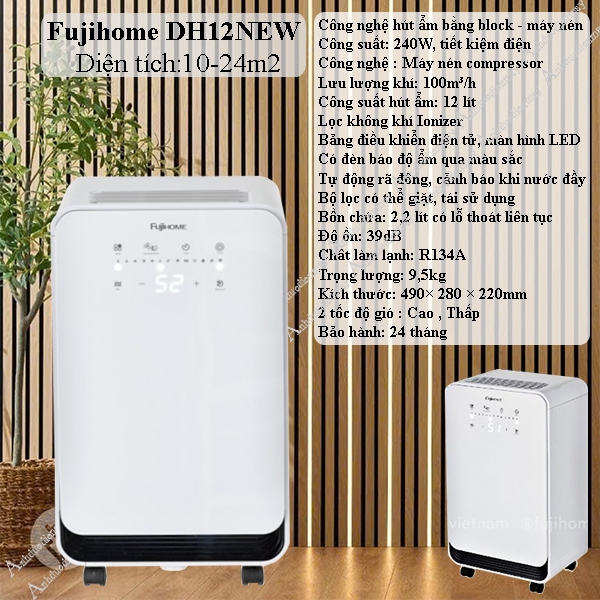 Máy hút ẩm thông minh 12L kết nối Wifi sử dụng phòng 10-24 m2 Fujihome DH12NEW