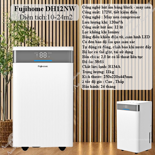 Máy hút ẩm thông minh 12L kết nối Wifi diệt vi khuẩn 99% Fujihome DH12NW