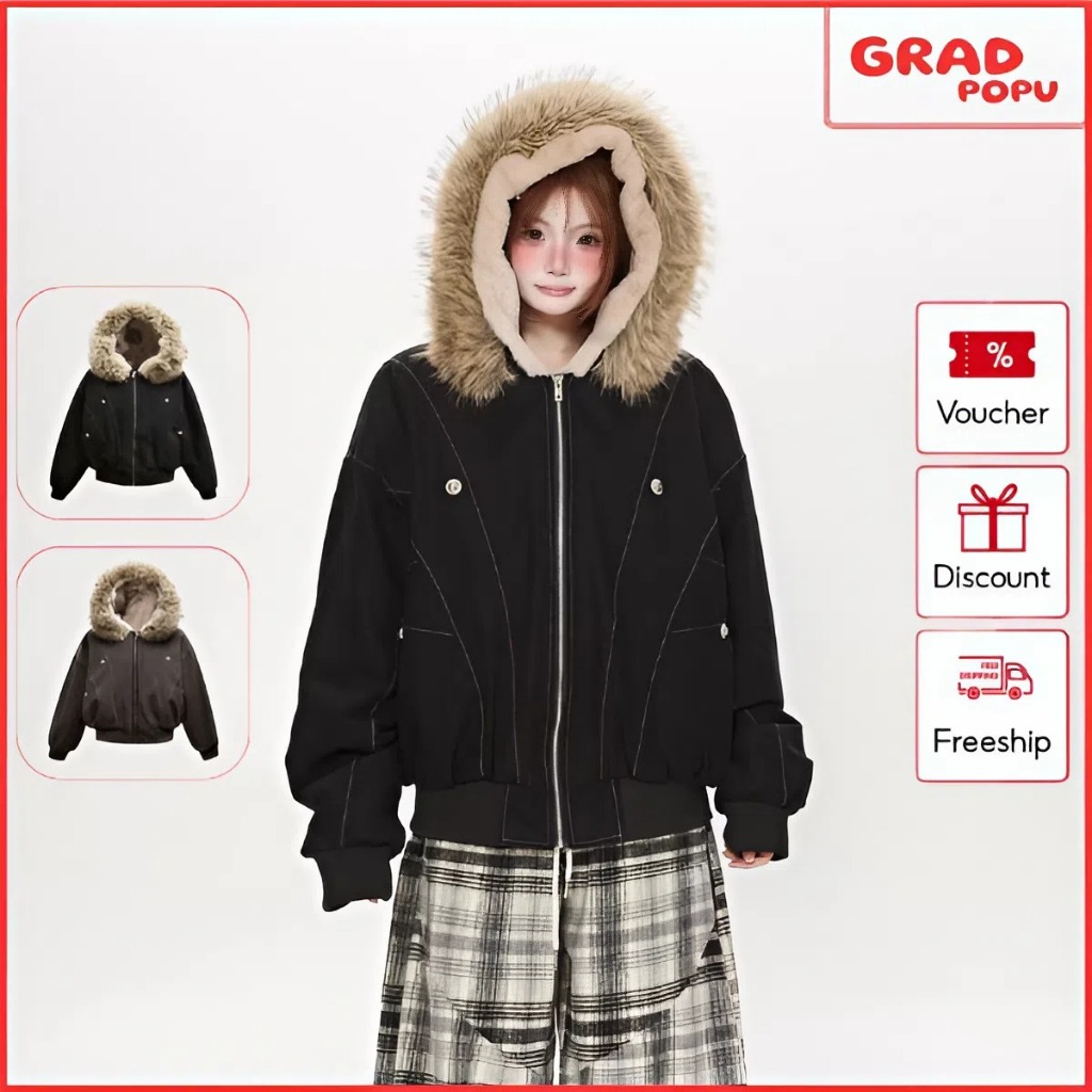 Áo khoác nữ GRADPOPU chất liệu cotton dày dặn cổ lông có mũ trùm đầu lót lông cừu ấm áp AK630