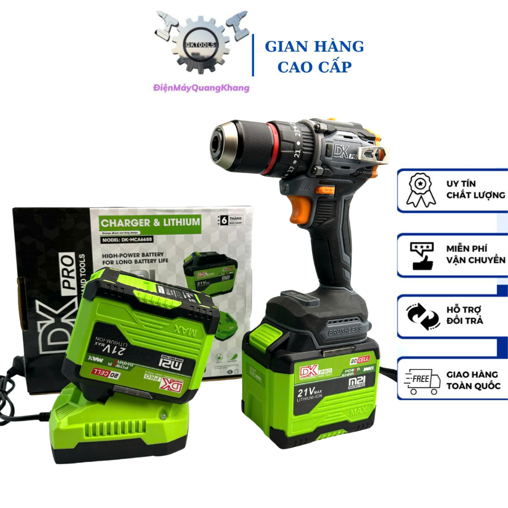 Combo 2 pin 20cell DKpro USB kèm thân khoan DKpro 10li , động cơ không chổi than , chân pin phổ thôn