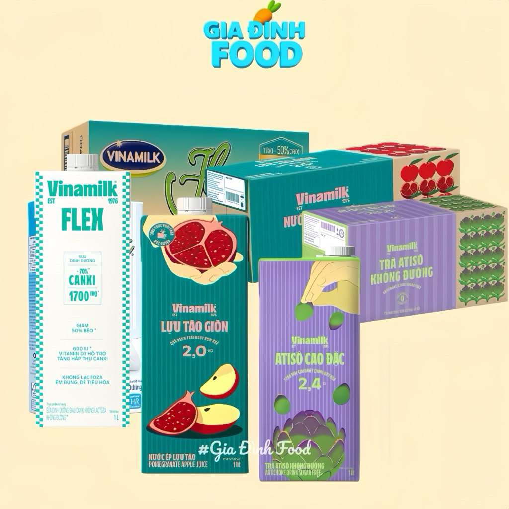 [THÙNG 12 Hộp] Trà Atiso không đường, Nước ép lựu táo, Sữa dinh dưỡng Flex không đường Vinamilk Hộp 