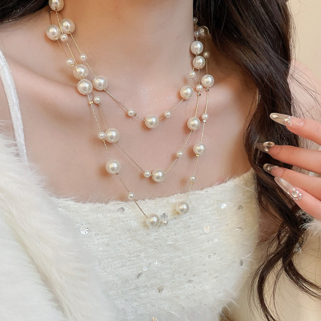 Dây chuyền ngọc trai dáng dài Her Acessories, vòng cổ ngọc trai nhiều lớp mặc áo dài, váy sang trọng