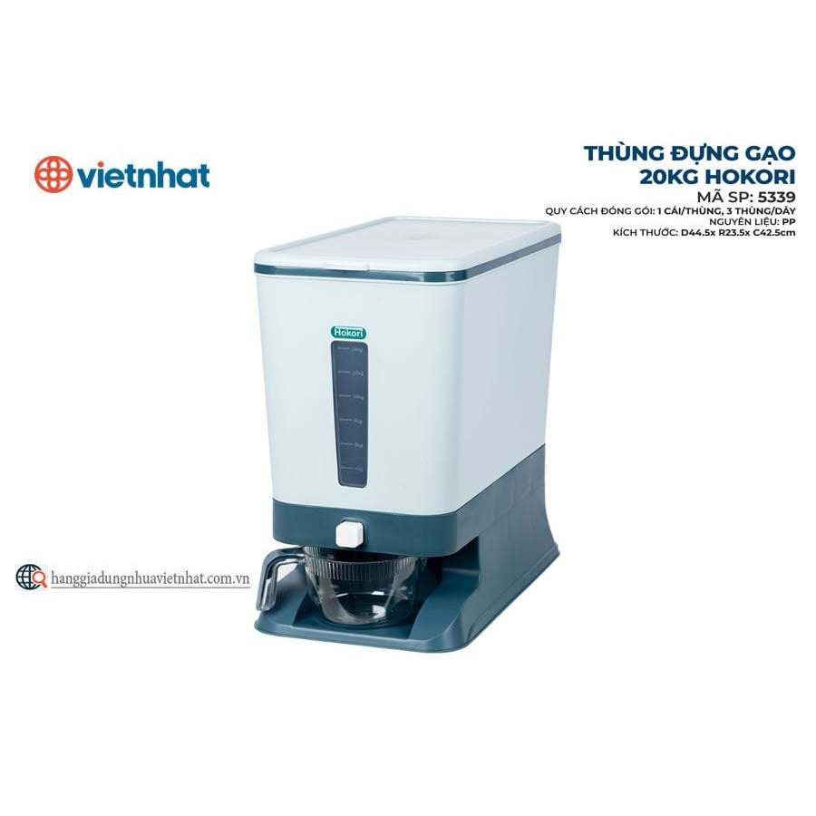 Hộp đựng gạo - Thùng đựng gạo tiện ích 10kg_20kg  Hokori Việt Nhật 5338-5339. Có cốc đong gạo. Nút bấm lấy gạo tự động.