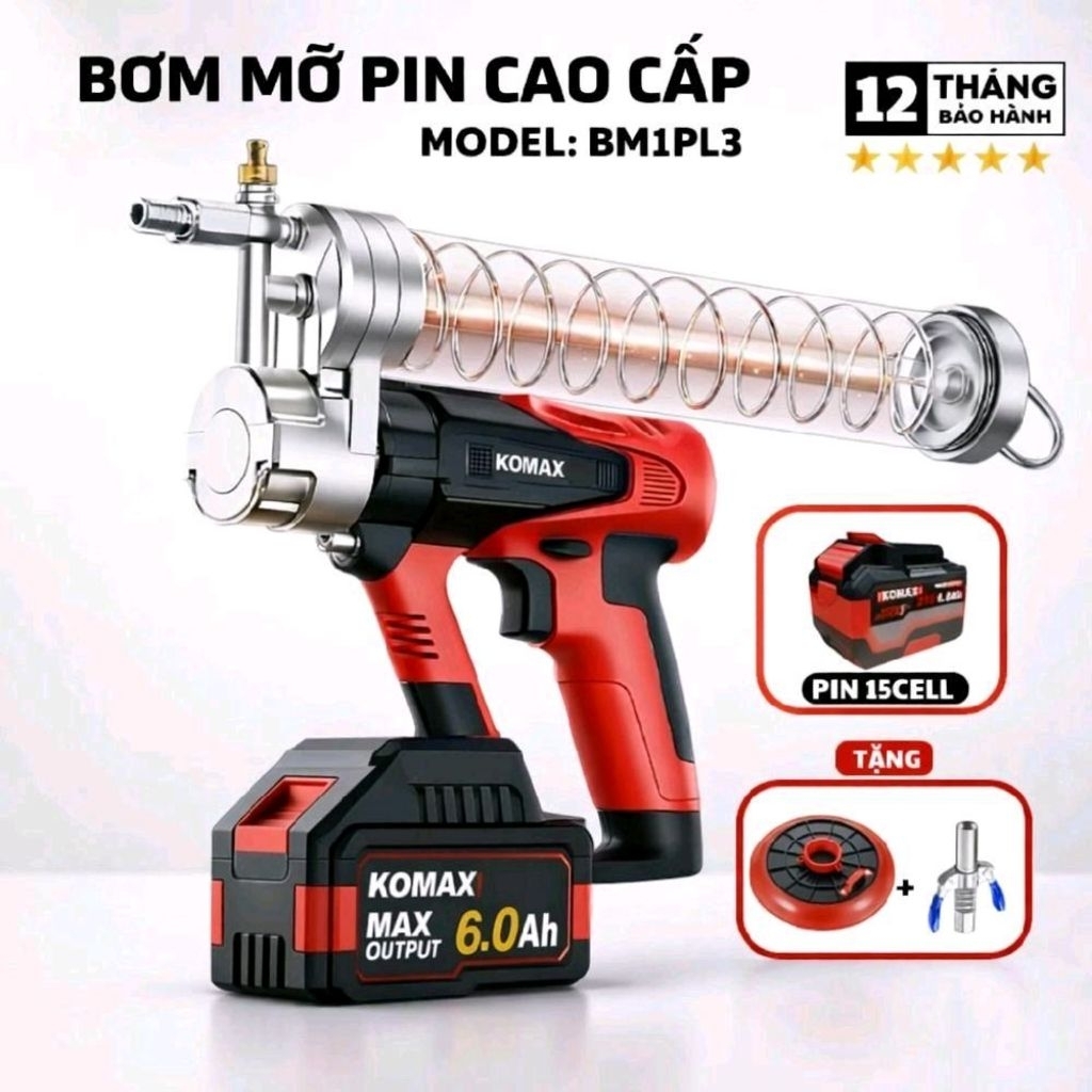 Súng Bơm Mỡ Pin KOMAX KM716 - Hộp Số 12 Cấp, Motor Lõi Đồng