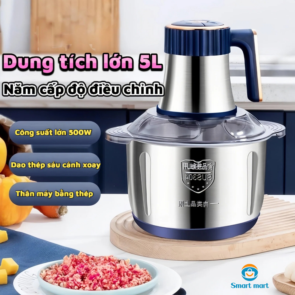 Máy Xay Thịt Inox 304 Đa Năng 4 Lưỡi Công suất 500W Xay Thịt - Cối Xay Thịt Gia Đình Hai chế độ mạnh, Dung Tích 5 Lít