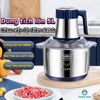 Máy Xay Thịt Inox 304 Đa Năng 4 Lưỡi Công suất 500W Xay Thịt - Cối Xay Thịt Gia Đình Hai chế độ mạnh, Dung Tích 5 Lít