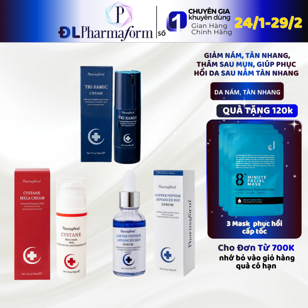 [COMBO] Pharmaform giảm nám, giảm thâm mụn Cystane Mela Cream + Copper Peptide Advance Serum + Tri-X