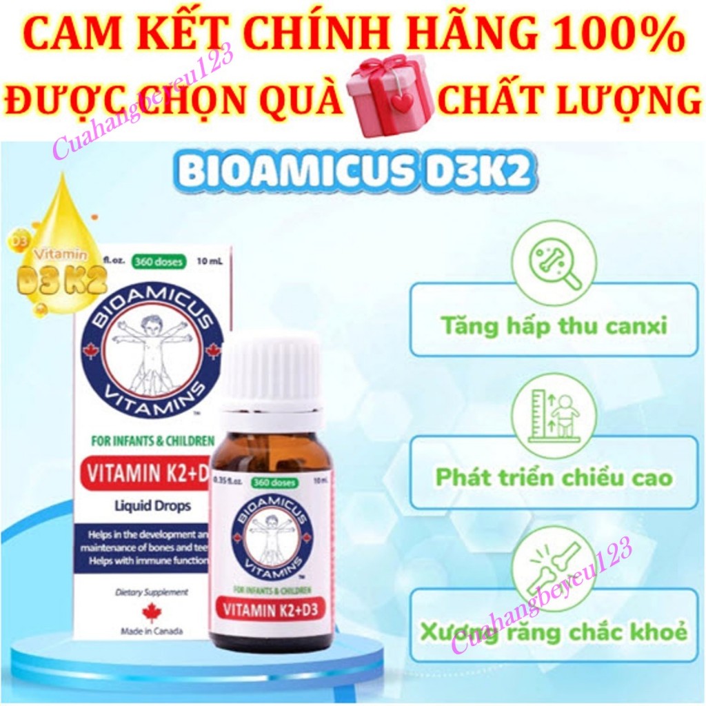 (CHỌN QUÀ) Lọ 10ml BioAmicus Vitamin K2 D3 hỗ trợ phát triển xương răng cho Bé D3K2 HM