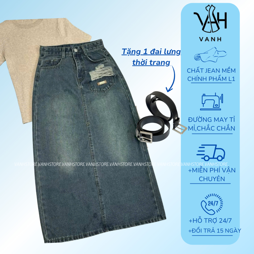 [TẶNG ĐAI] Chân Váy Jean Dáng Dài, Rách Nửa Túi, Mác Denim , Chân Váy Bò Lưng Cao Vải Jean Mềm Cao C