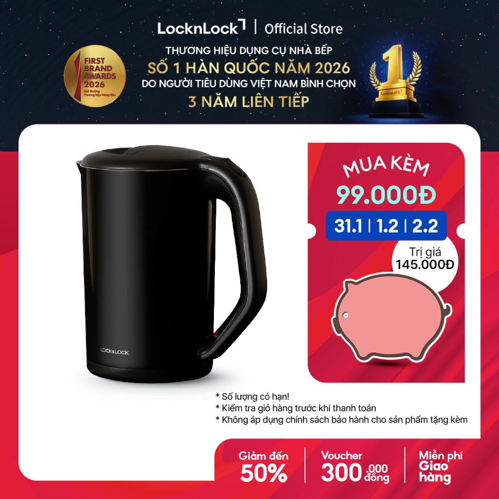Ấm đun bằng thép không gỉ Lock&Lock, 1.7L màu đen EJK738BLK