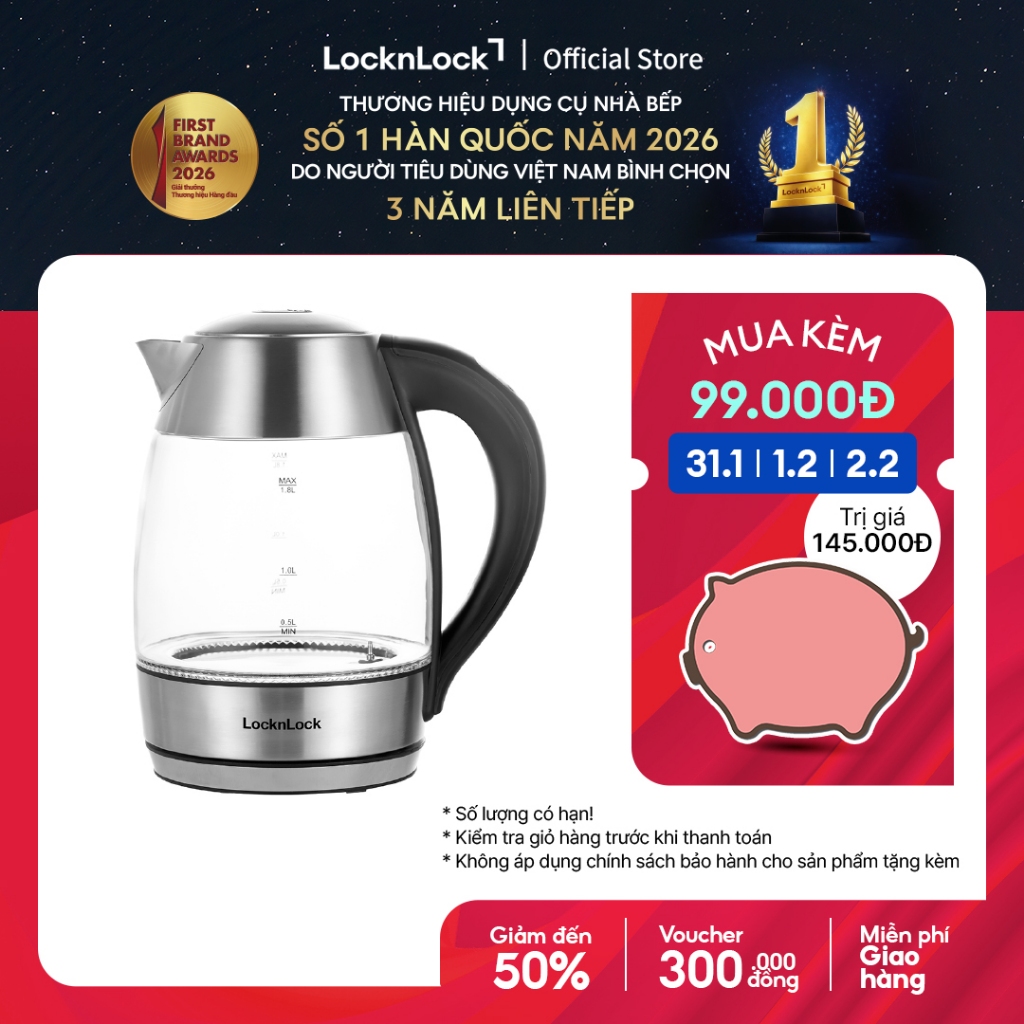 Ấm đun nước dùng điện bằng thủy tinh, thương hiệu Lock&Lock EJK341 1.8L
