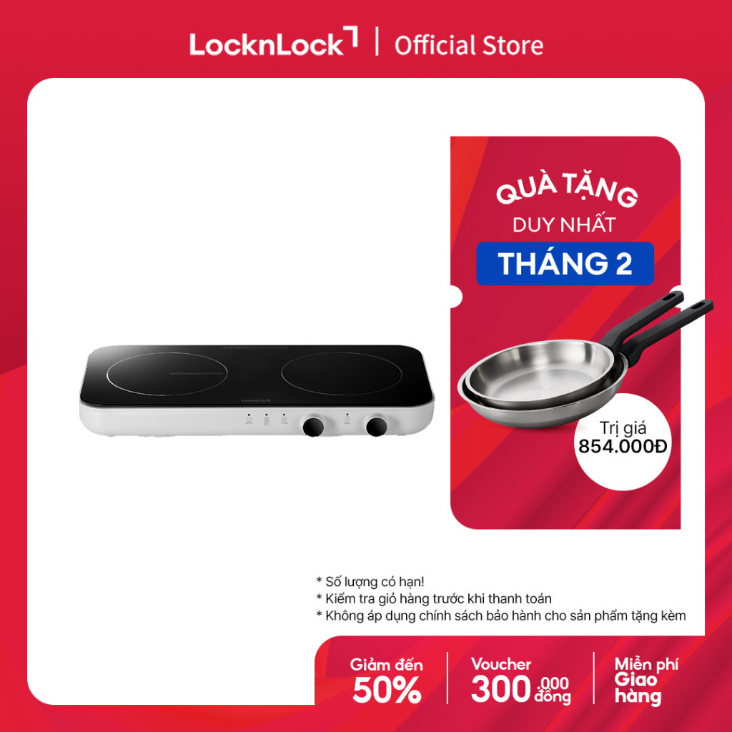 Bếp điện từ đôi LocknLock Square double induction mặt pha lê kèm tấm bảo vệ, màu trắng EJI326WHT