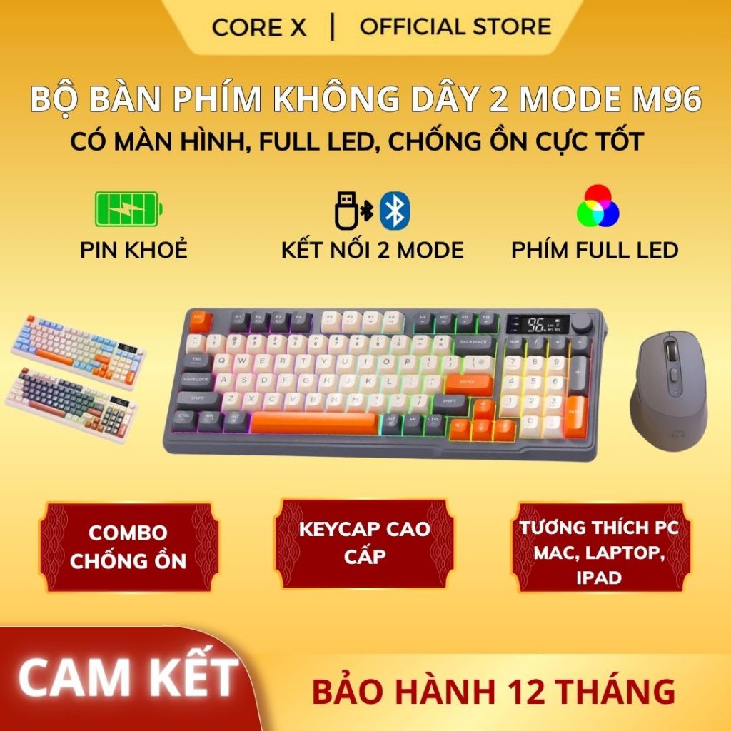 Bộ Bàn Phím Không Dây Bluetooth M96 LED 7 Màu Có Màn Hình, Phím PBT Cao Cấp, Gõ Êm Chống Ồn