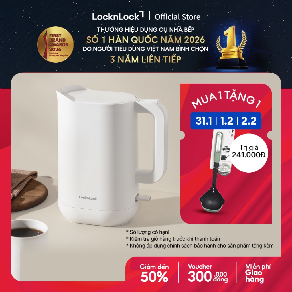 Ấm đun siêu tốc giảm âm LocknLock Silent electric kettle 1.2L- Màu trắng EJK216WHT