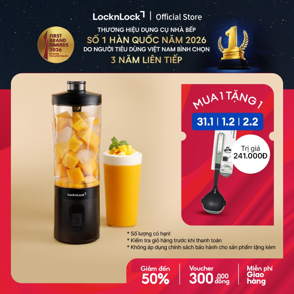 Máy xay sinh tố cầm tay LocknLock Powerful portable blender EJJ356BLK, dung tích 600ml - Màu đen