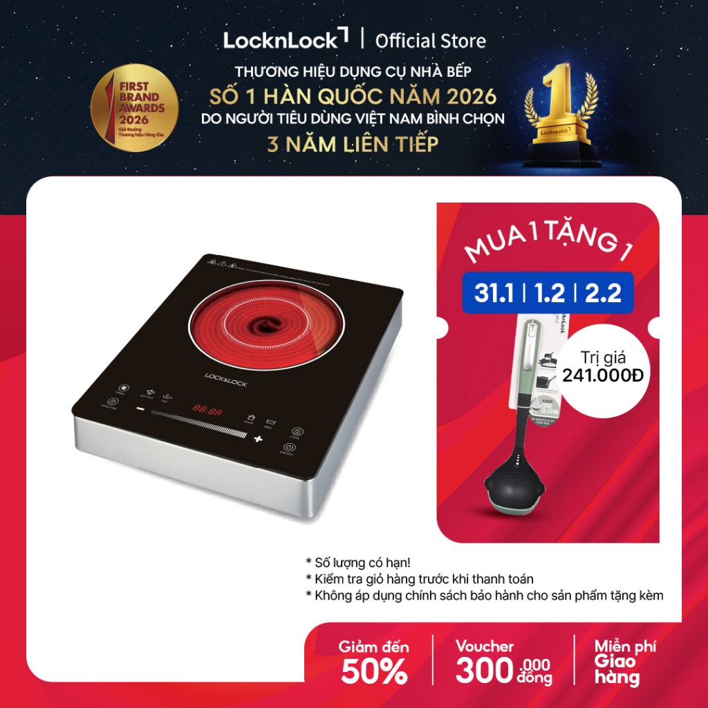 Bếp hồng ngoại Lock & Lock, 220-240V, 50/60Hz, 2000W - Màu đen EJI421