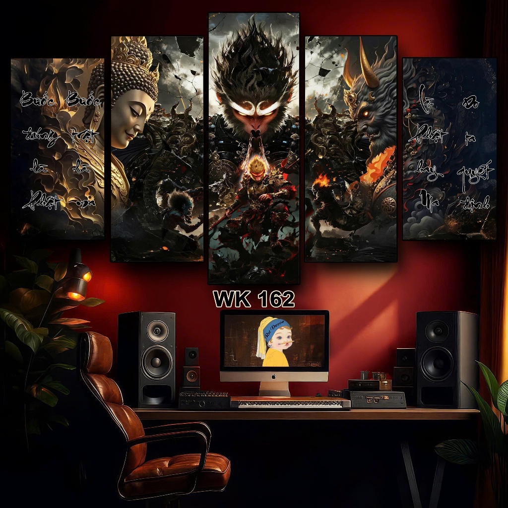 Tranh Black Myth Wukong - Bộ 5 Tấm Tráng Gương Dán Tường Cán Nhựa Tặng Keo Dán, Decor Phòng Khách, G