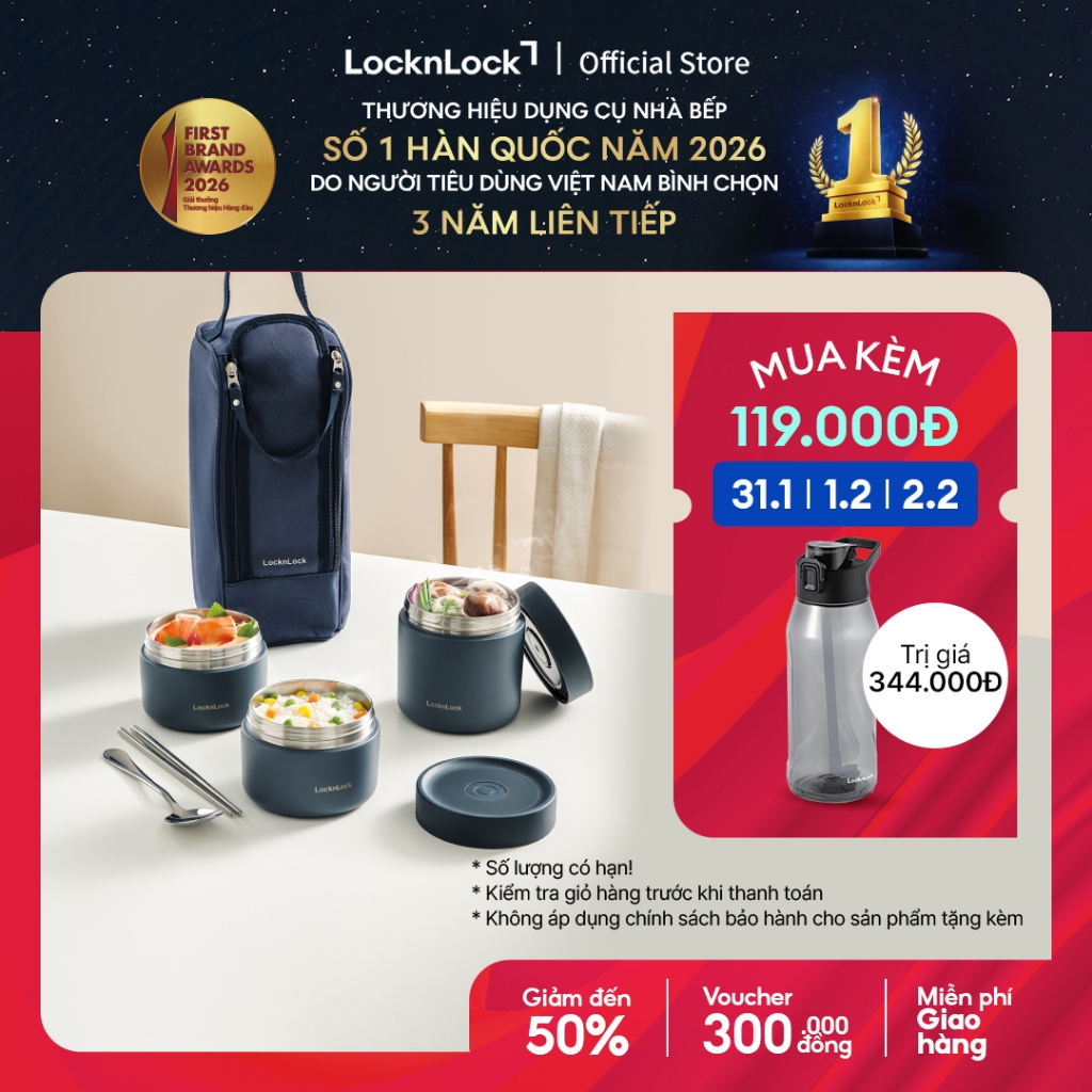 Bộ hộp cơm giữ nhiệt Lock&Lock Pump Vacuum Lunch Box (300ml*2, 500ml*1, bộ đũa và thìa, túi) LHC8052