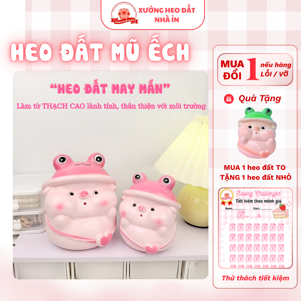 [ẶNG size NHỎ] Heo đất tiết kiệm HEO MŨ ẾCH size TO, lợn đất Heo Đội Mũ Ếch - XƯỞNG HEO ĐẤT NHÀ ỈN