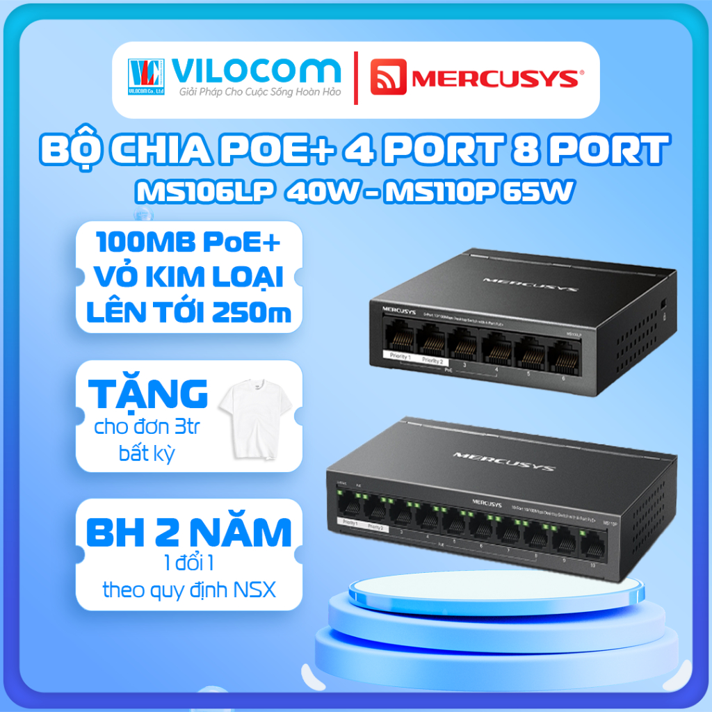 Switch Poe Mercusys MS110P MS106LP 6/10 cổng 10/100Mbps với 4/8 cổng PoE+ - Hàng Chính Hãng