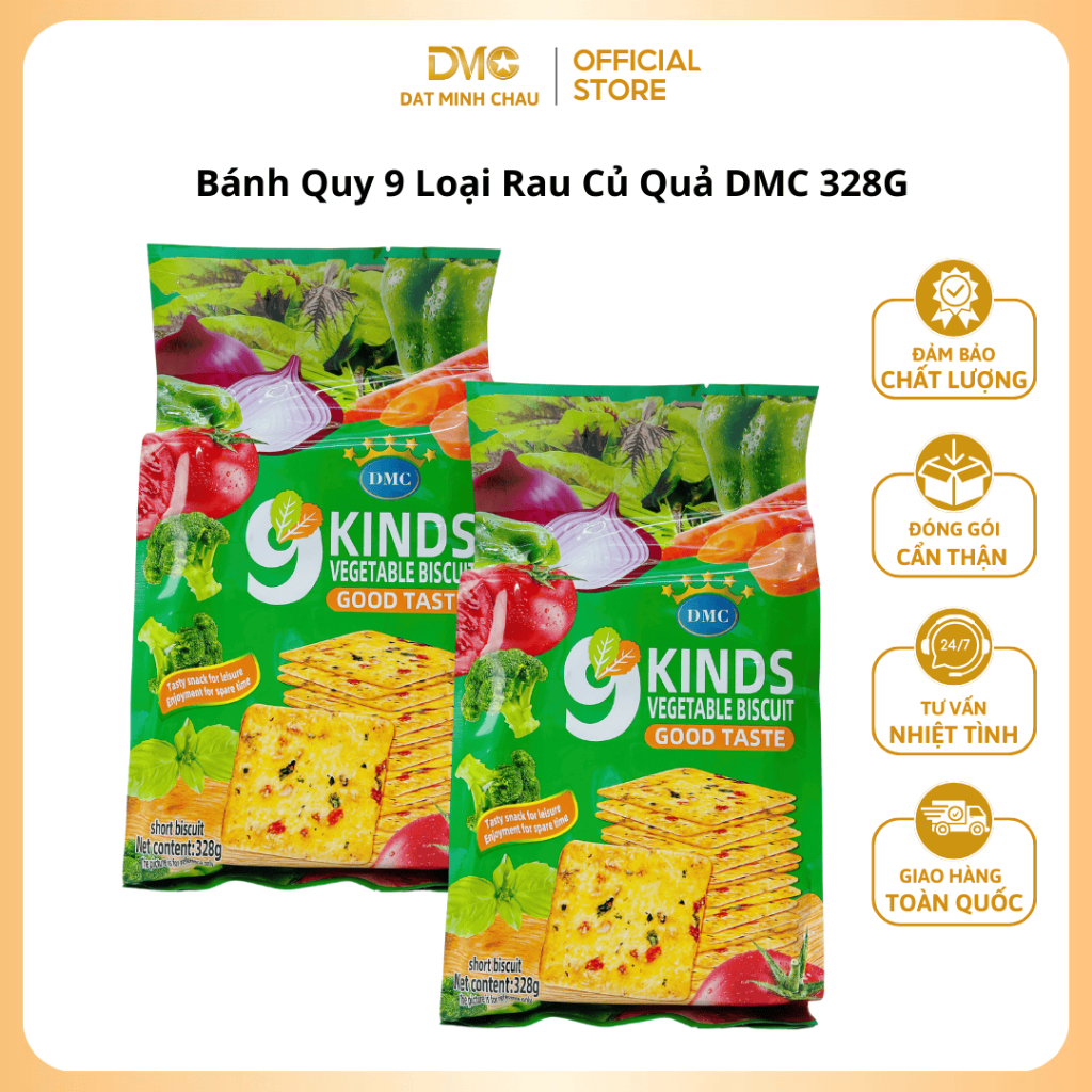 [ Đạt Minh Châu] Bánh Quy 9 Loại Rau Củ Quả DMC Giòn Thơm Gói 328G (màu xanh)
