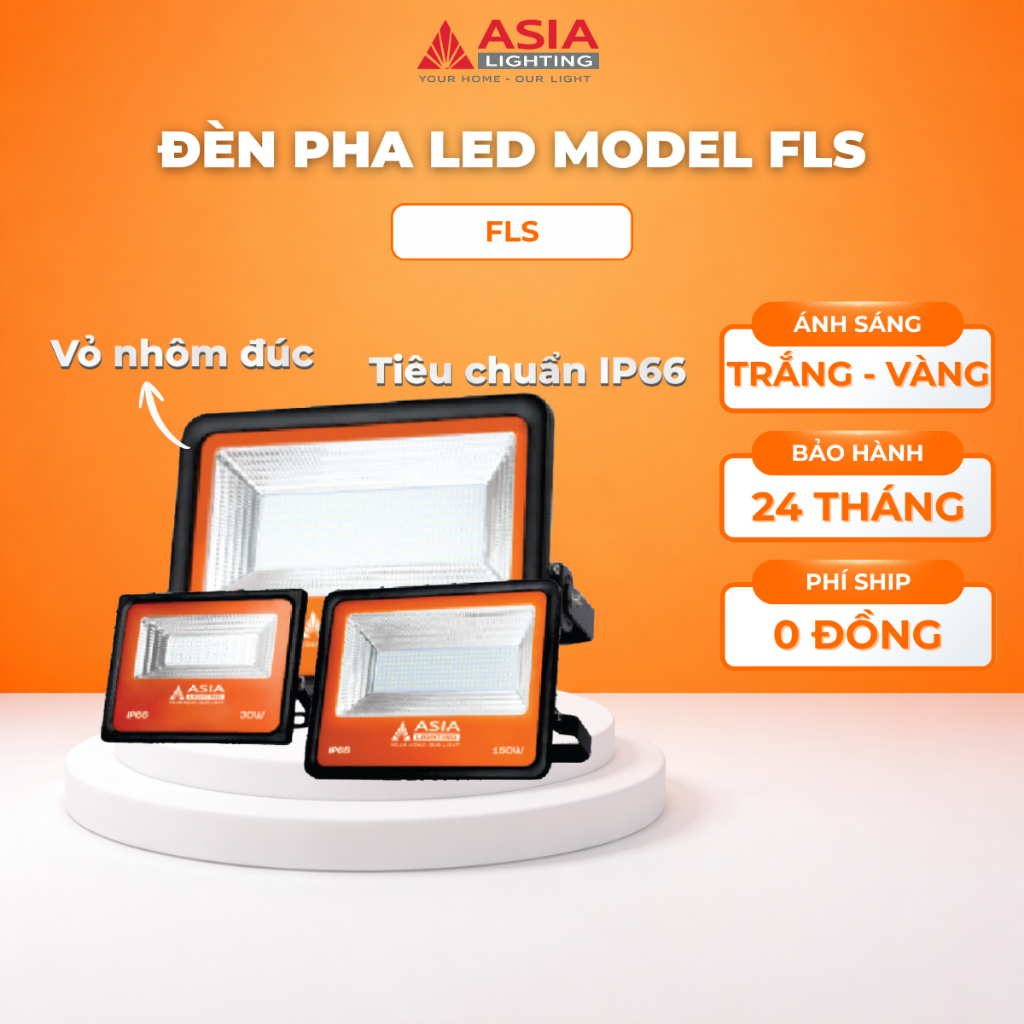 Đèn LED Pha Asia FLS100 - 100W, Kích thước 240x285mm, Trắng/Vàng, IP66