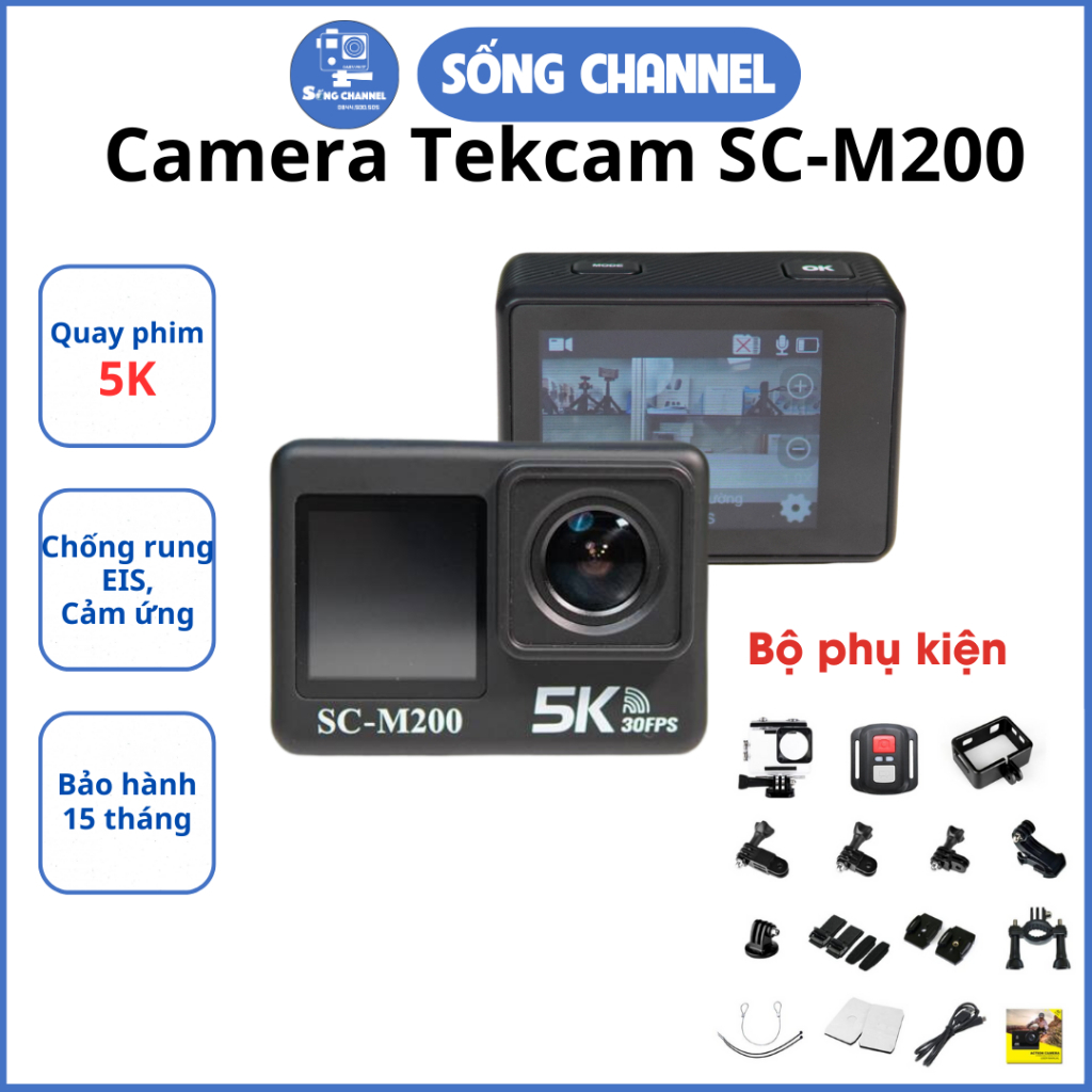 Camera Hành Động Tekcam SC-M200, Tặng thêm 1 pin tổng 2 pin,  Action Camera có chống rung Quay nét 5K, bảo hành 15 tháng