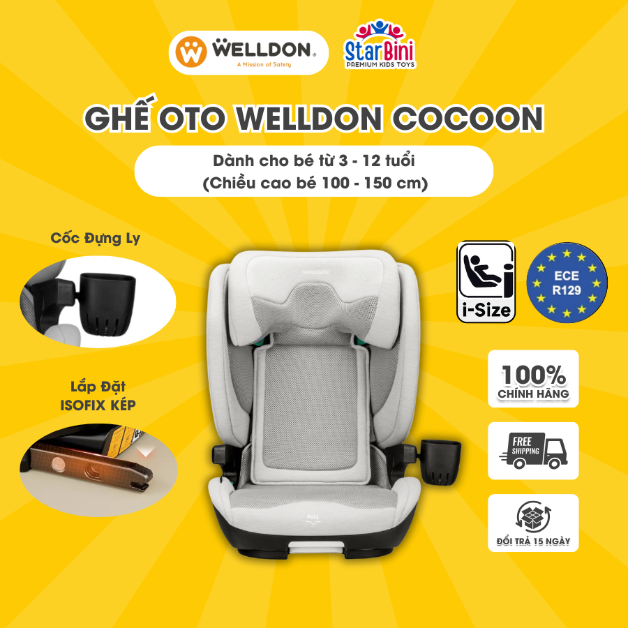 Ghế Ô Tô Cho Bé welldon cocoon chính hãng Jovikids, tiêu chuẩn R129/i-Size và Isofix (cho bé cao 76 