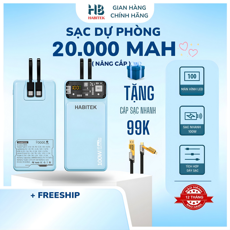 Pin Sạc Dự Phòng 20.000mah HB88 Habitek, sạc nhanh 100W, dung lượng lớn, hỗ trợ sạc cho nhiều dòng đ