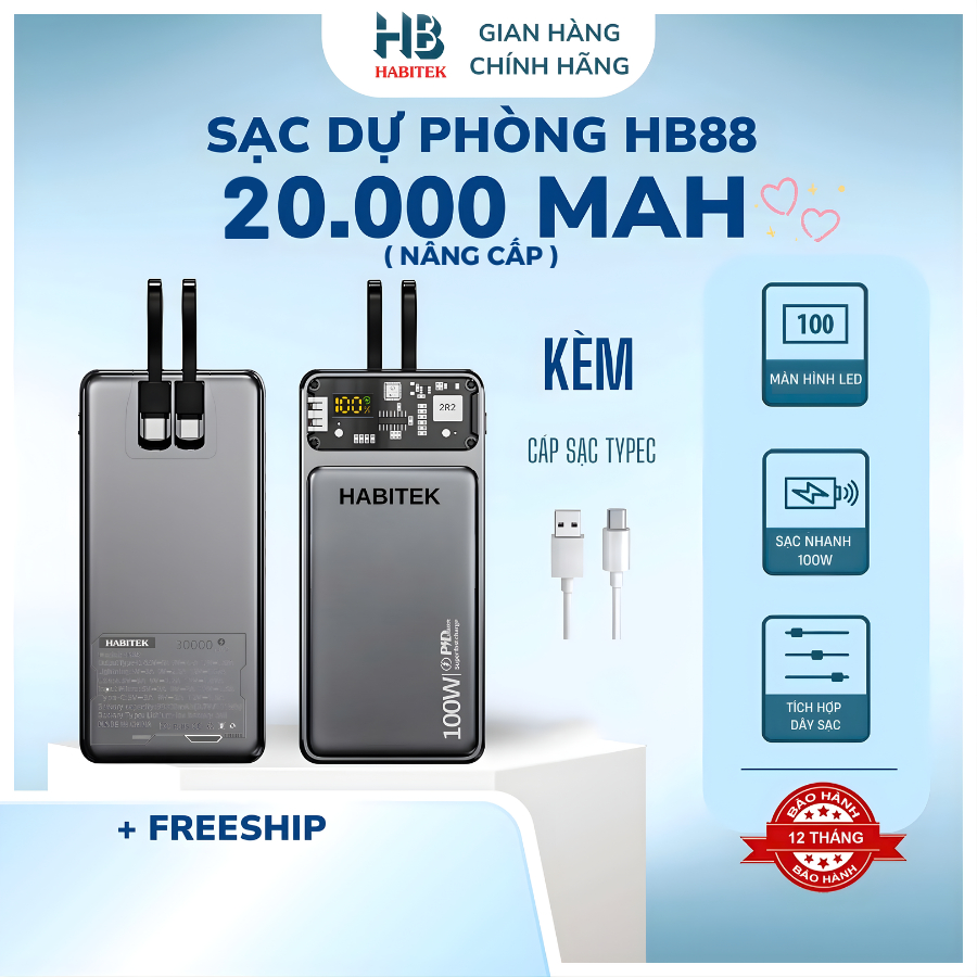 (K Đặt Đc Nhắn Sốp)Pin Sạc Dự Phòng 20.000mah HB88 Habitek Sạc nhanh 100W, Có Dây Cap Sẵn, Sạc Cho N