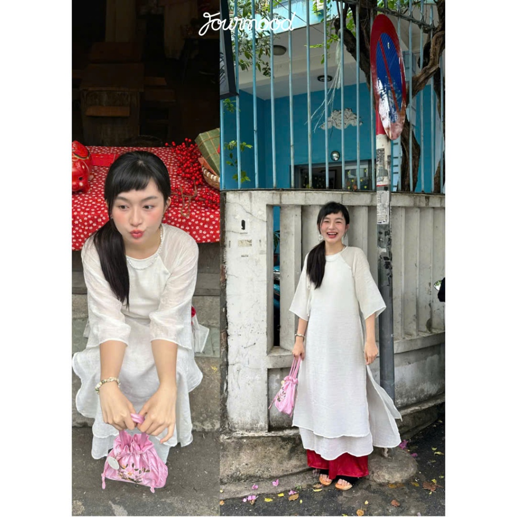 TDT4 - Set Áo Dài Cách Tân Form Suông Cho Nữ Màu Trắng Có Kèm Quần Lụa Đỏ ÁO DÀI ÁNH NGUYỆT