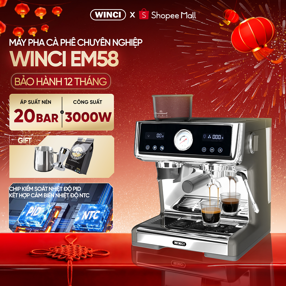 [Bao Gồm VAT] Máy Pha Cà Phê Tự Động Winci EM58, 20 Bar, Pha Espresso, Latte, Capuchino. Bảo Hành 1 