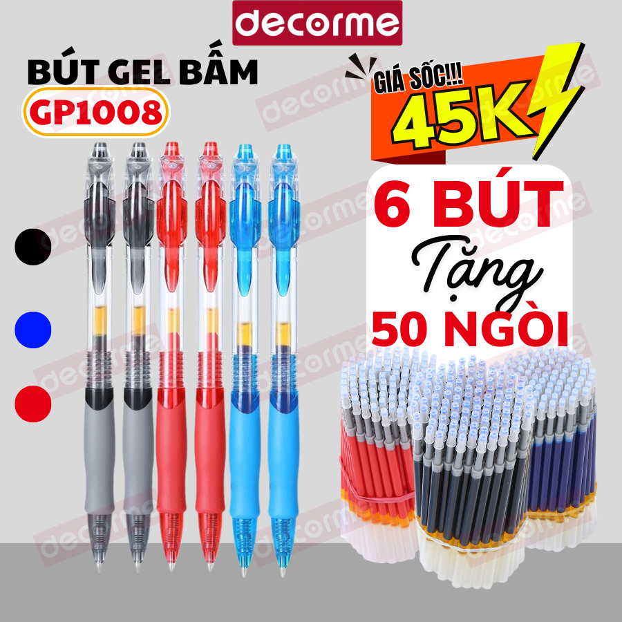 Set 6 Bút 50 Ngòi Bút Bi Béo GP1008 Decorme Bút Gel Mực Xanh, Đen, Đỏ, Bút Gel Bấm Có Đệm Tay Mềm, Viết Trơn Mượt