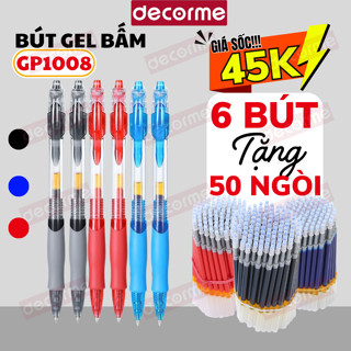 Set 6 Bút 50 Ngòi Bút Bi Béo GP1008 Decorme Bút Gel Mực Xanh, Đen, Đỏ, Bút Gel Bấm Có Đệm Tay Mềm, Viết Trơn Mượt