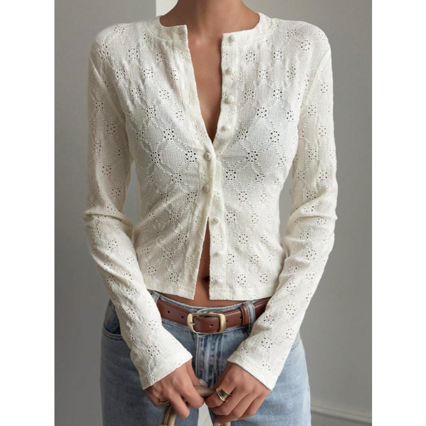 L&M| Women's Casual Openwork Jacquard Jacquard T-Shirt