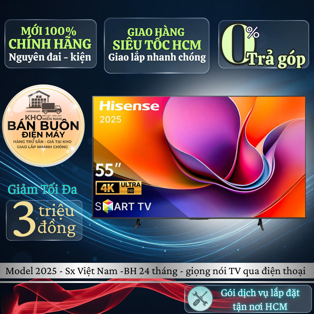 55A6Q Smart Tivi Hisense 4K 55 inch, model 2025, trợ lý giọng nói tiếng Việt qua điện thoại