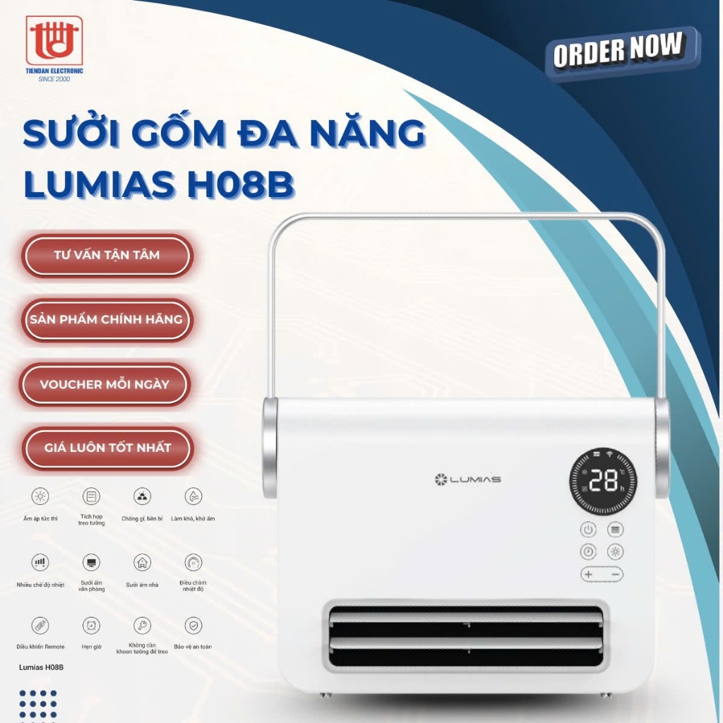 Lumias Máy sưởi H08B – Ceramic PTC 2000W, điều khiển app, hẹn giờ, treo tường, an toàn chống nước IP