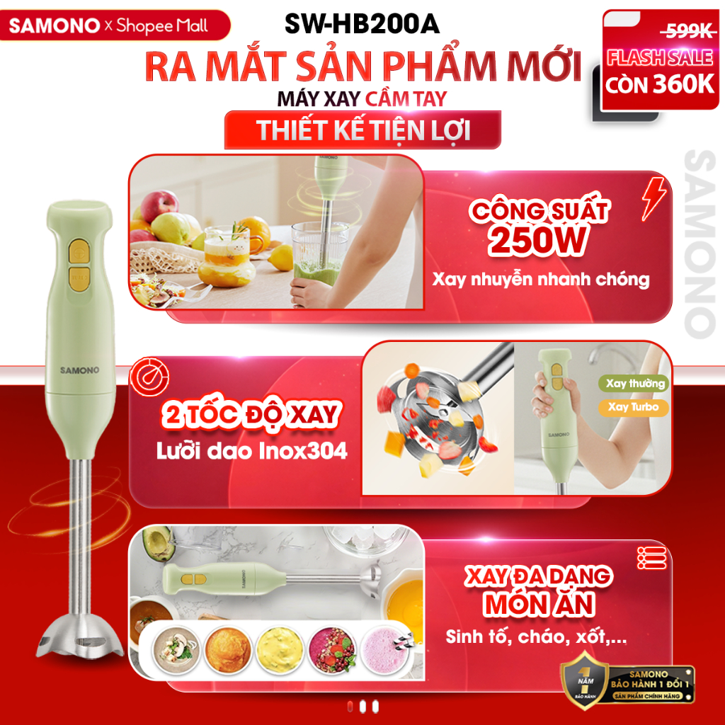 (MỚI) Máy xay cầm tay đa năng SAMONO SW-HB200A 250W thanh tay nhựa, xay cháo, xay sinh tố - BH 1 năm