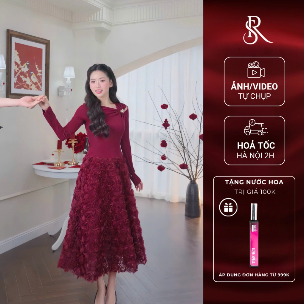 Váy dự tiệc dài tay dáng dài, đầm cao cấp thiết kế dáng xoè đính hoa đi tiệc, đi cưới, đi chơi Rosia