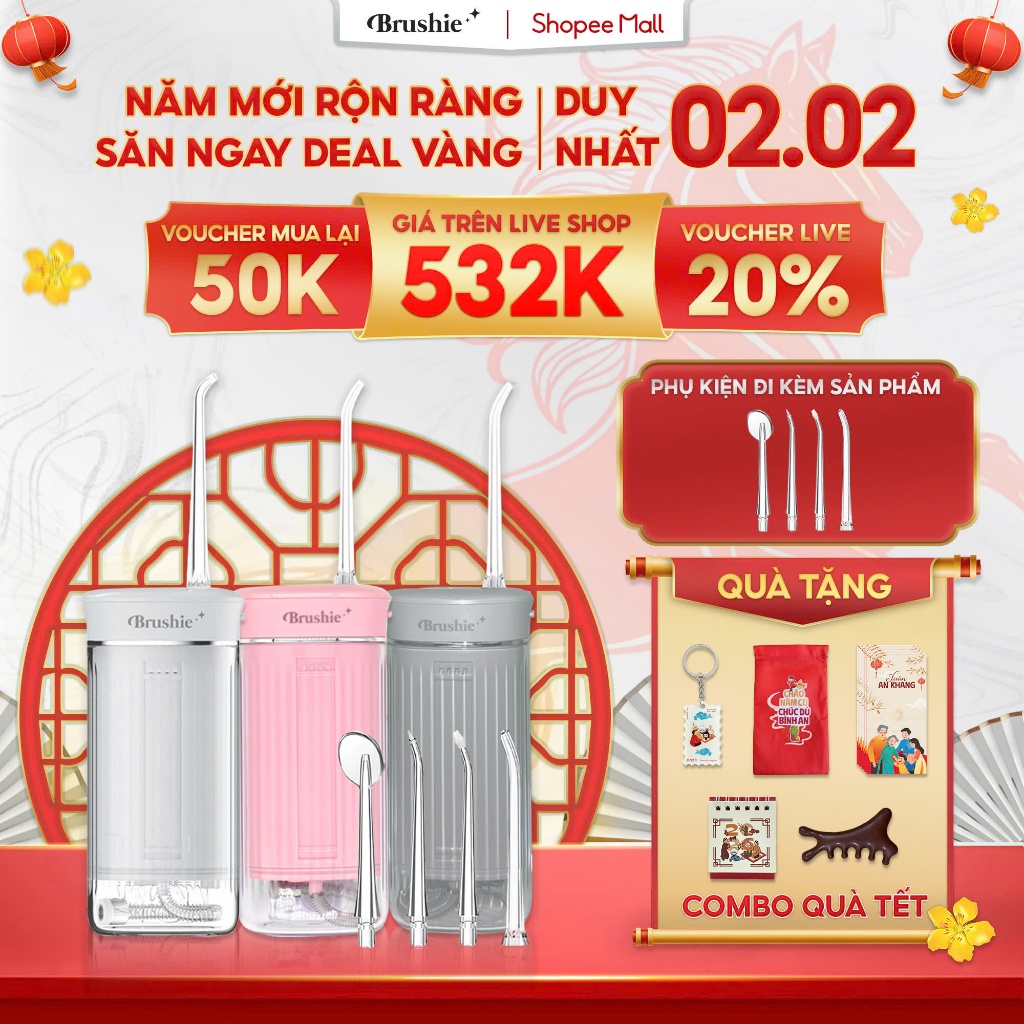 [GIÁ 531K TẠI LIVE SHOP] Tăm nước cầm tay Brushie Super Sonic, Flossie tăm nước du lịch phiên bản mớ