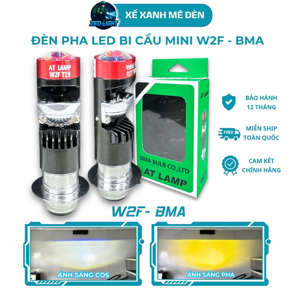 Đèn Pha Bi Cầu W2F AT BMA - Siêu Sáng Siêu Nét, Chân M5 Lắp Xe Trước 2006 : Wave, Dream, Sirius, Fut