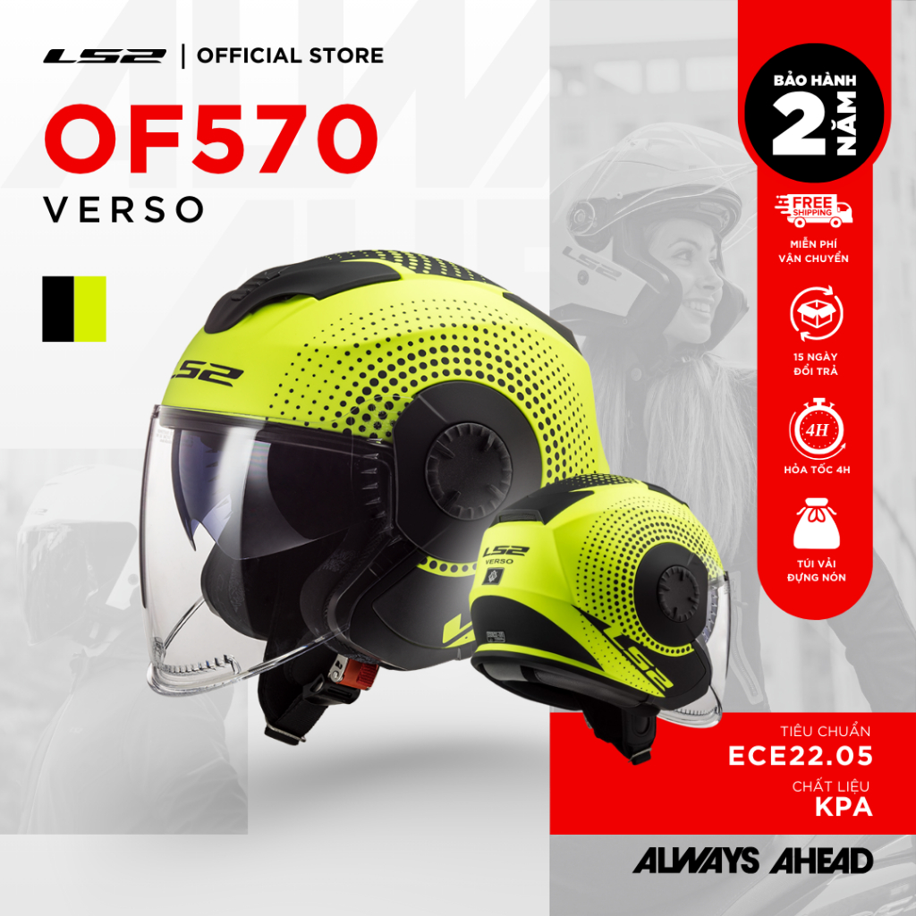 Mũ Bảo Hiểm 3/4 Hai Kính LS2 OF570 Verso ECE2205 Màu Đen Vàng An Toàn Đi Phố