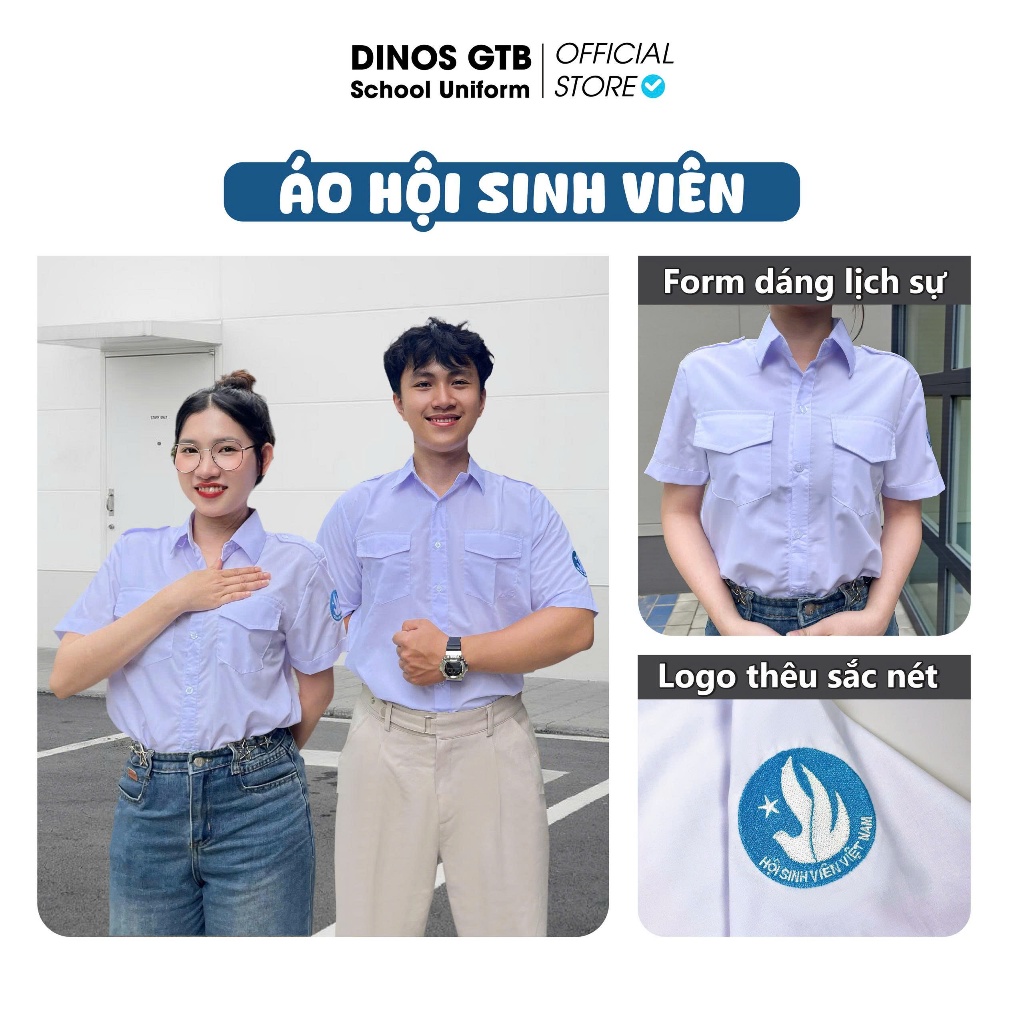 Áo Sơ Mi Trắng Hội Sinh Viên Việt Nam DINOS GTB School Nam Nữ Vải Kate Silk Thêu Logo