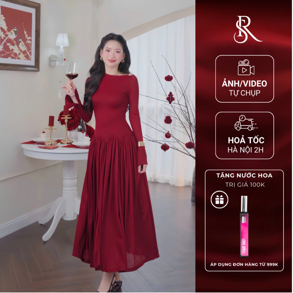 Đầm thiết kế cao cấp dáng xoè, váy dài tay dáng dài sang chảnh Rosia đi tiệc, đi chơi, đi Tết