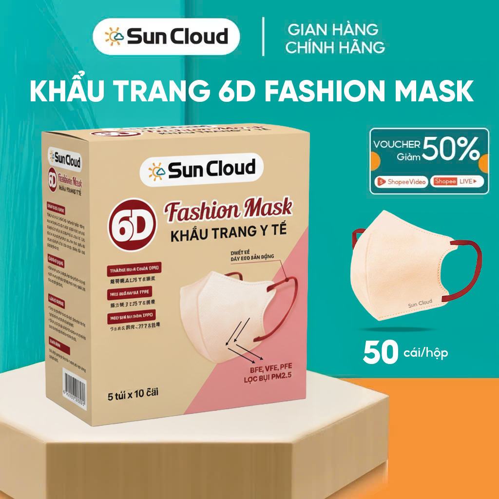 [Kèm quà] Thùng 100 chiếc khẩu trang y tế 6D Fashion Mask 3 lớp SUN CLOUD kháng khuẩn chống tia UV, bụi mịn