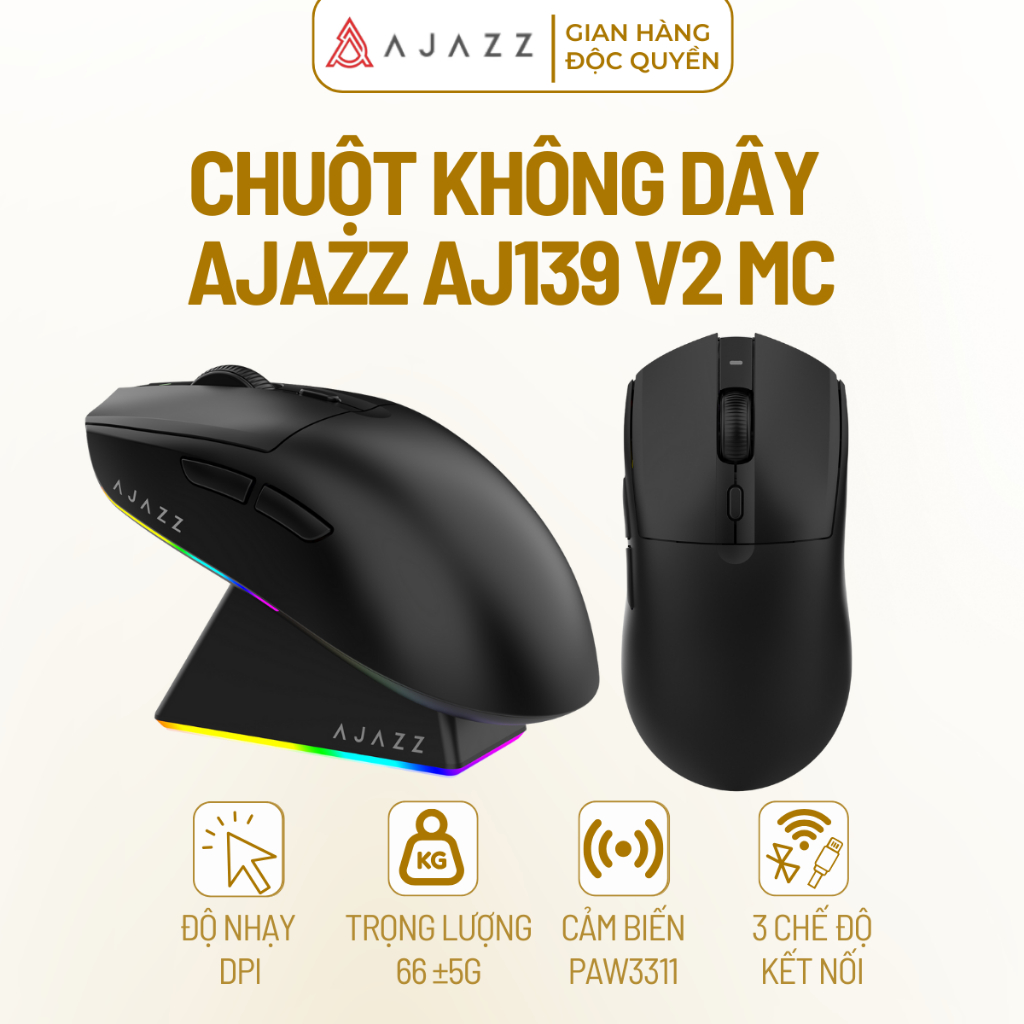 Chuột Không Dây AJAZZ AJ139 V2 MC 3 Chế Độ RGB PAW311 12000DPI 66g Pin 500mAh Đế Sạc Từ Tính Cho PC