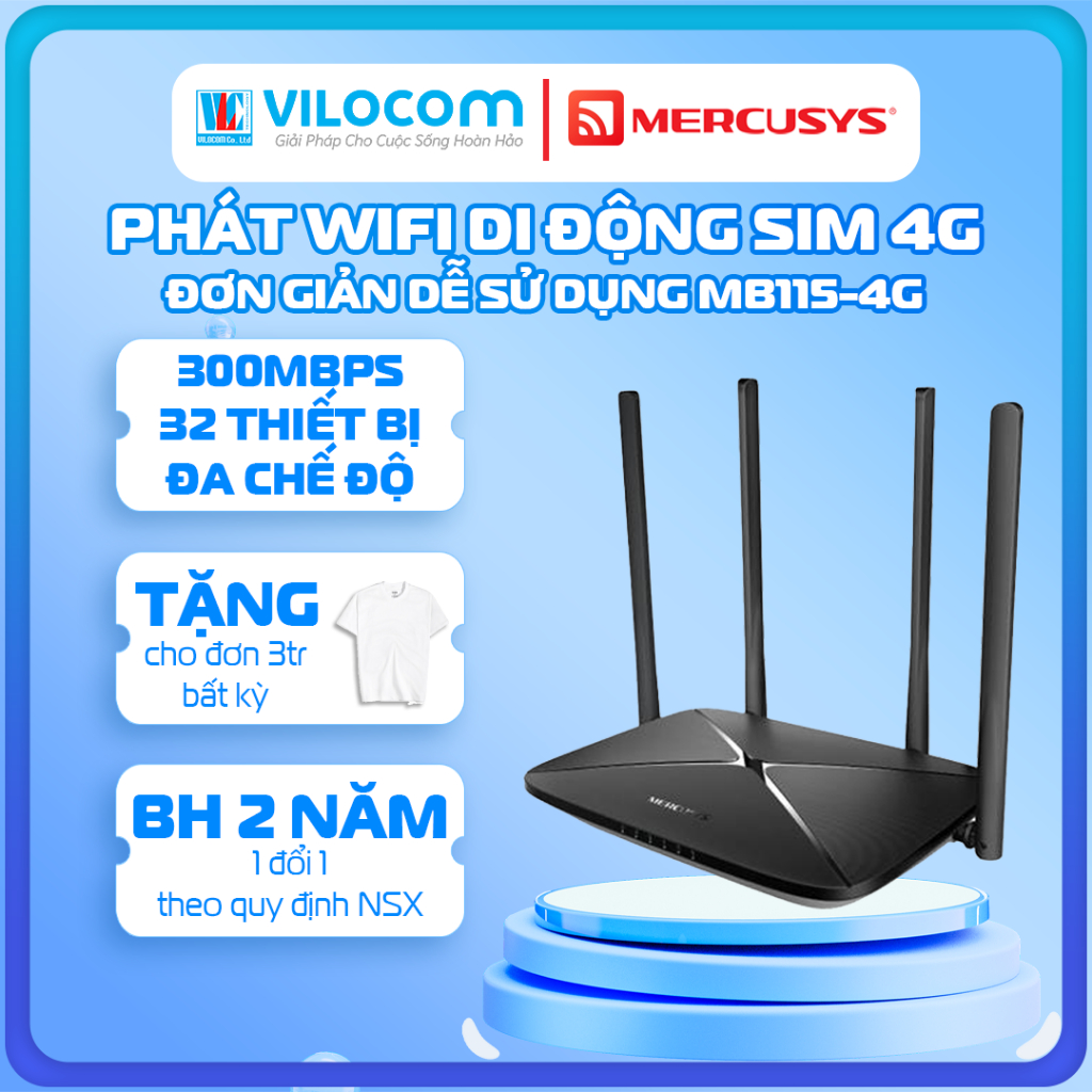 Bộ phát Wifi di động dùng sim 4G LTE 300Mbps Mercusys MB115-4G MB112-4G - Hàng Chính Hãng