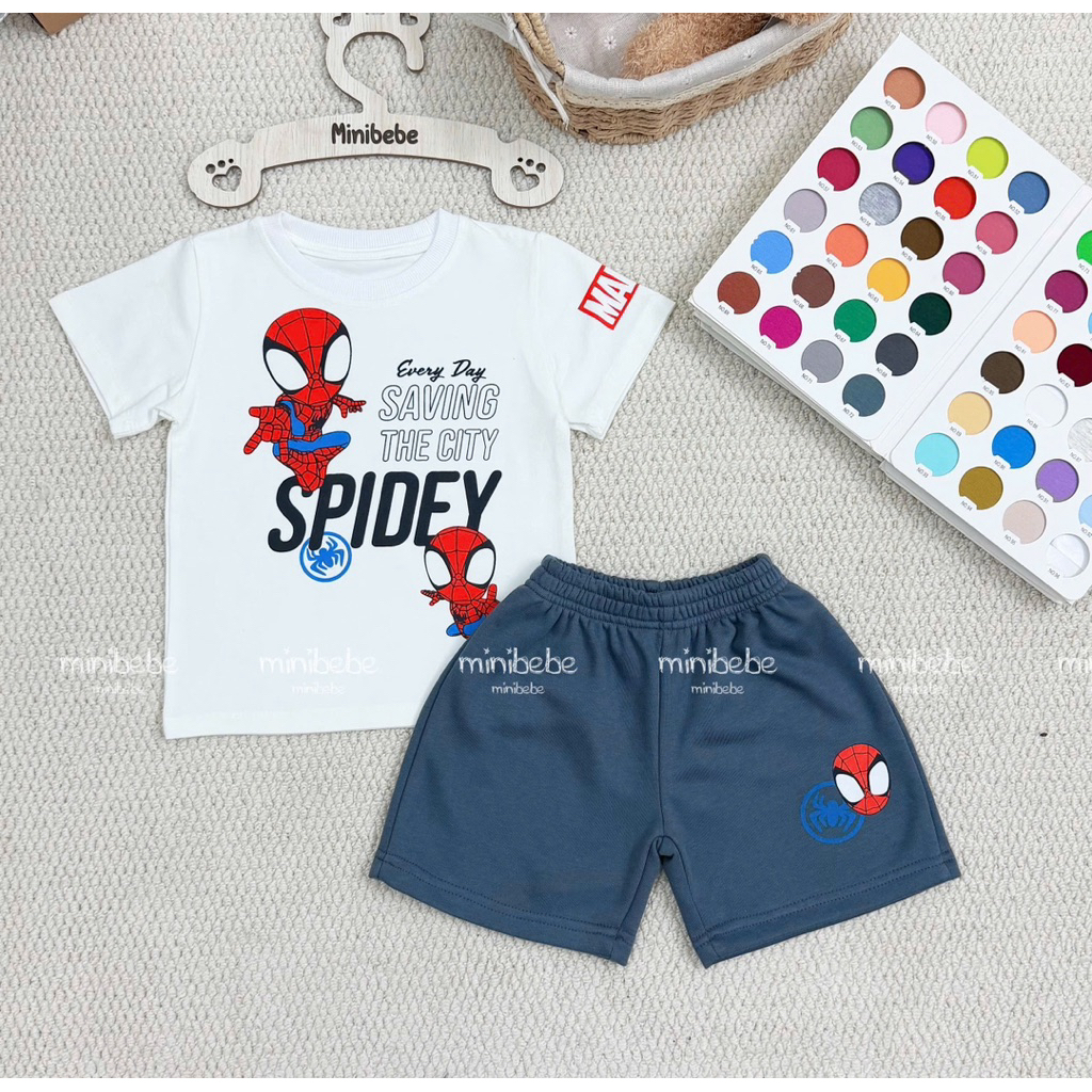 Minibebe. Bộ spyder áo cotton quần chất mỳ cho bé 9-24kg