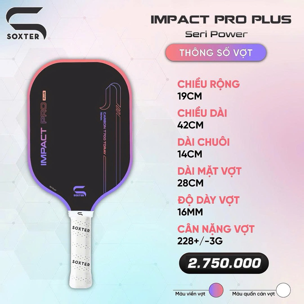 Vợt Pickleball SOXTER Impact Pro Plus Series Power Mặt Đen Carbon T700 Toray Siêu Nảy, Siêu Bền, Trợ